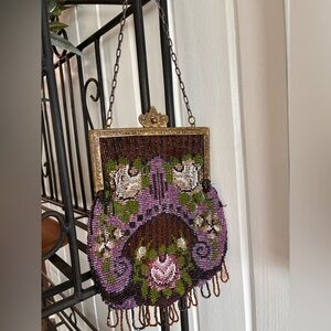 Vintage 1920’s Glass Beaded Purple Floral Handbag with Brass Trim from Germany